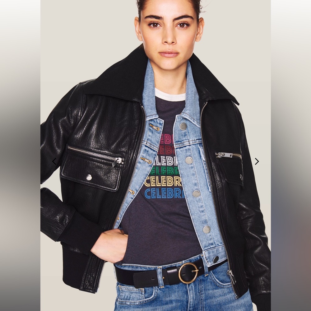 Ba&sh Black Leather Bomber Jacket